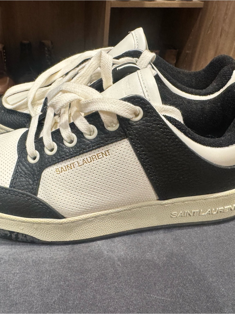Saint Laurent Black and Cream Athletic Sneakers with Gold Logo